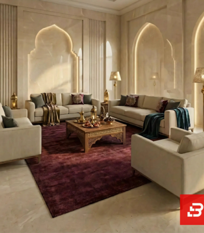 Velmora premium majlis collection upholstered sofa set in cream beige velvet arranged in a U-shaped layout by Bahoo Furniture UAE