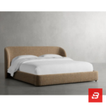 Wrapped-wing upholstered platform bed in caramel bouclé fabric with curved sides by Bahoo Furniture UAE