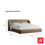 Wrapped-wing upholstered platform bed in caramel bouclé fabric with curved sides by Bahoo Furniture UAE