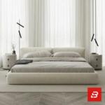 Split-cushion upholstered platform bed in ivory bouclé fabric with dual pillow headboard by Bahoo Furniture UAE