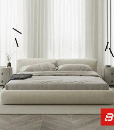 Split-cushion upholstered platform bed in ivory bouclé fabric with dual pillow headboard by Bahoo Furniture UAE