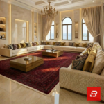 Grand majestic U-shaped velvet sectional sofa in champagne cream fabric inside a luxury double-height mansion majlis by Bahoo Furniture UAE