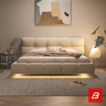 Puff-quilted upholstered platform bed in cream velvet fabric with square tufted segments by Bahoo Furniture UAE