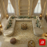 Overhead view of a luxury upholstered U-shaped sectional sofa in cream beige velvet fabric arranged in a grand living room with recessed wall shelving by Bahoo Furniture UAE