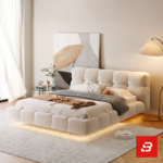 Puff-quilted upholstered platform bed in cream velvet fabric with square tufted segments by Bahoo Furniture UAE