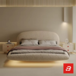 Floating-base upholstered platform bed in beige bouclé fabric with integrated under-bed lighting by Bahoo Furniture UAE