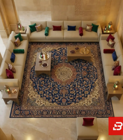 Overhead bird's-eye view of a luxury upholstered open majlis sectional sofa in beige velvet fabric surrounding a large ornate blue and gold Persian carpet by Bahoo Furniture UAE