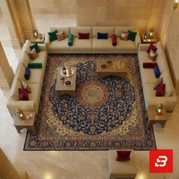Overhead bird's-eye view of a luxury upholstered open majlis sectional sofa in beige velvet fabric surrounding a large ornate blue and gold Persian carpet by Bahoo Furniture UAE