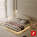 Floating-base upholstered platform bed in beige bouclé fabric with integrated under-bed lighting by Bahoo Furniture UAE