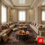 Overhead interior view of a luxury upholstered open majlis sectional sofa in beige velvet fabric surrounding multiple round copper coffee tables and a blue Persian carpet by Bahoo Furniture UAE
