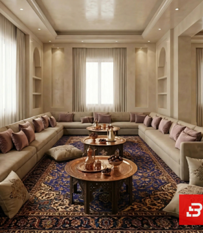 Overhead interior view of a luxury upholstered open majlis sectional sofa in beige velvet fabric surrounding multiple round copper coffee tables and a blue Persian carpet by Bahoo Furniture UAE