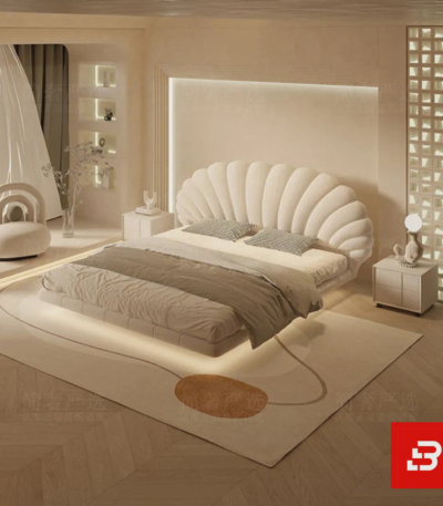 Radiant seashell upholstered platform bed in pearl white velvet fabric with radial fluted headboard by Bahoo Furniture UAE
