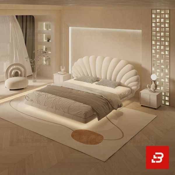Radiant seashell upholstered platform bed in pearl white velvet fabric with radial fluted headboard by Bahoo Furniture UAE