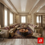 Overhead interior view of a luxury upholstered open majlis sectional sofa in beige velvet fabric surrounding multiple round copper coffee tables and a blue Persian carpet by Bahoo Furniture UAE