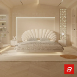 Radiant seashell upholstered platform bed in pearl white velvet fabric with radial fluted headboard by Bahoo Furniture UAE