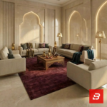 Velmora premium majlis collection upholstered sofa set in cream beige velvet arranged in a U-shaped layout by Bahoo Furniture UAE