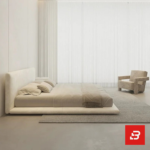 Minimalist low-profile upholstered platform bed in off-white bouclé fabric with extended base frame by Bahoo Furniture UAE