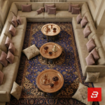 Overhead interior view of a luxury upholstered open majlis sectional sofa in beige velvet fabric surrounding multiple round copper coffee tables and a blue Persian carpet by Bahoo Furniture UAE