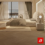 Radiant seashell upholstered platform bed in pearl white velvet fabric with radial fluted headboard by Bahoo Furniture UAE