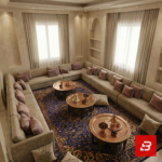 Overhead interior view of a luxury upholstered open majlis sectional sofa in beige velvet fabric surrounding multiple round copper coffee tables and a blue Persian carpet by Bahoo Furniture UAE