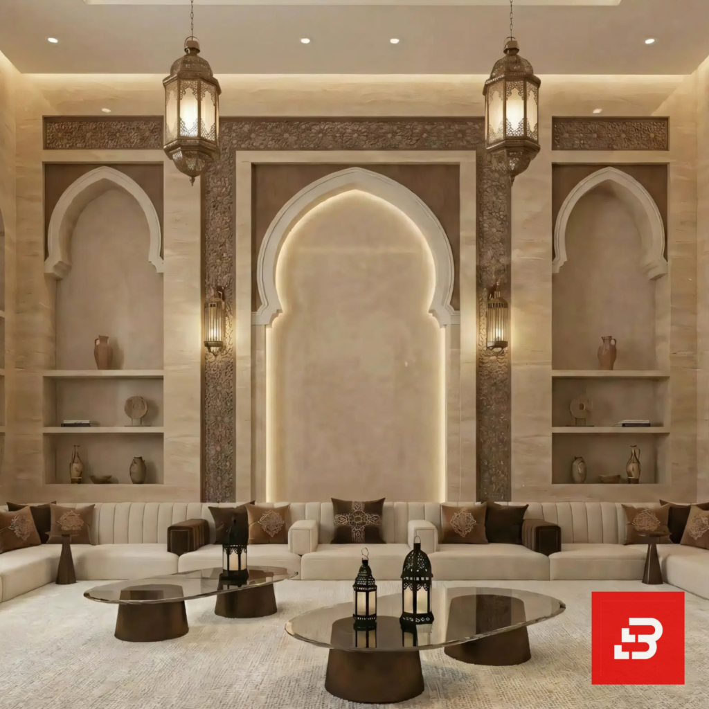Front interior view of a luxury upholstered royal majlis sofa in beige velvet fabric featuring dark brown accent pillows and glass coffee tables set against an ornate arched stone wall by Bahoo Furniture UAE