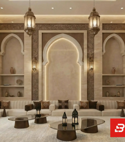 Front interior view of a luxury upholstered royal majlis sofa in beige velvet fabric featuring dark brown accent pillows and glass coffee tables set against an ornate arched stone wall by Bahoo Furniture UAE
