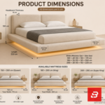 Dual-backrest upholstered platform bed in off-white bouclé fabric with twin split headboard by Bahoo Furniture UAE
