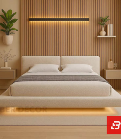 Dual-backrest upholstered platform bed in off-white bouclé fabric with twin split headboard by Bahoo Furniture UAE