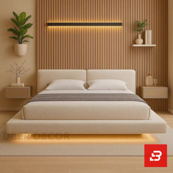 Dual-backrest upholstered platform bed in off-white bouclé fabric with twin split headboard by Bahoo Furniture UAE