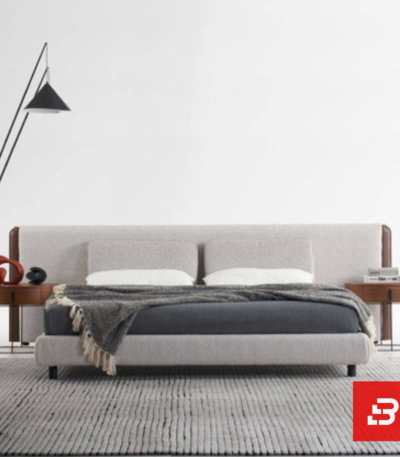 Extended panel upholstered platform bed in light grey bouclé fabric with extra-wide wall headboard by Bahoo Furniture UAE