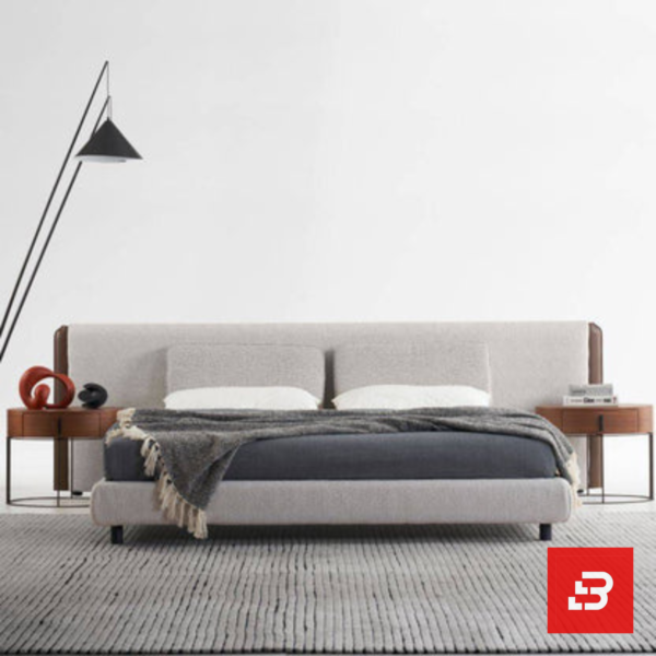 Extended panel upholstered platform bed in light grey bouclé fabric with extra-wide wall headboard by Bahoo Furniture UAE