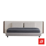 Extended panel upholstered platform bed in light grey bouclé fabric with extra-wide wall headboard by Bahoo Furniture UAE