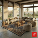 Curved modular velvet sofa and armchair set in warm beige fabric arranged around a traditional rug by Bahoo Furniture UAE