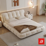 Pillow-top channel upholstered platform bed in ivory white velvet fabric with segmented plump backrest by Bahoo Furniture UAE