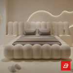 Sculptural bubble upholstered platform bed in cream bouclé fabric with rounded vertical bubble cushioning by Bahoo Furniture UAE