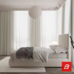Minimalist paneled upholstered platform bed in soft cream bouclé fabric with clean vertical split headboard by Bahoo Furniture UAE