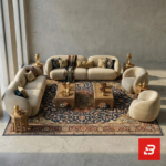 Curved modular velvet sofa and armchair set in warm beige fabric arranged around a traditional rug by Bahoo Furniture UAE