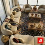 Curved modular velvet sofa and armchair set in warm beige fabric arranged around a traditional rug by Bahoo Furniture UAE