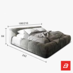 Tufted panel upholstered platform bed in slate grey velvet fabric with channel headboard by Bahoo Furniture UAE
