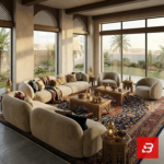 Curved modular velvet sofa and armchair set in warm beige fabric arranged around a traditional rug by Bahoo Furniture UAE