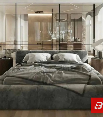 Tufted panel upholstered platform bed in slate grey velvet fabric with channel headboard by Bahoo Furniture UAE