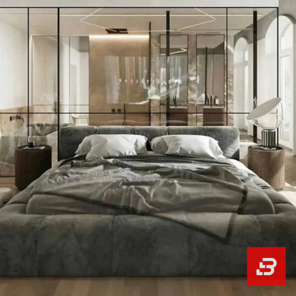 Tufted panel upholstered platform bed in slate grey velvet fabric with channel headboard by Bahoo Furniture UAE