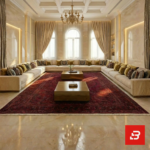Grand majestic U-shaped velvet sectional sofa in champagne cream fabric inside a luxury double-height mansion majlis by Bahoo Furniture UAE
