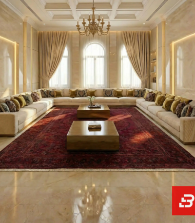 Grand majestic U-shaped velvet sectional sofa in champagne cream fabric inside a luxury double-height mansion majlis by Bahoo Furniture UAE