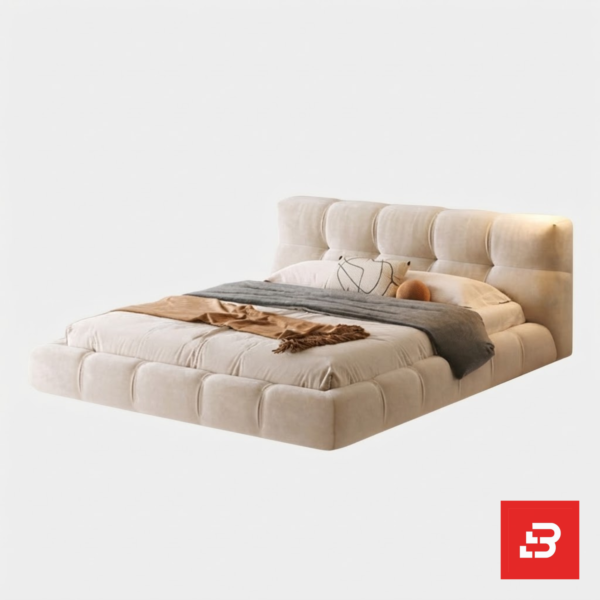 Puff-quilted upholstered platform bed in cream velvet fabric with square tufted segments by Bahoo Furniture UAE
