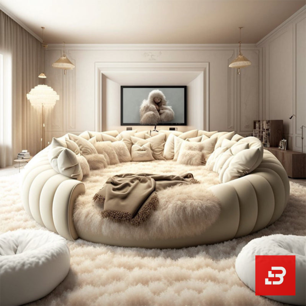 Luxury circular upholstered lounging bed in cream fabric with fluted border by Bahoo Furniture UAE
