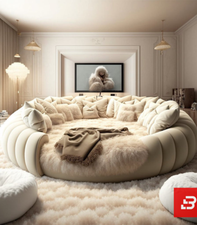 Luxury circular upholstered lounging bed in cream fabric with fluted border by Bahoo Furniture UAE