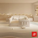 Enclosed safety kids platform bed in cream velvet fabric with padded guardrails by Bahoo Furniture UAE