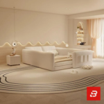 Enclosed safety kids platform bed in cream velvet fabric with padded guardrails by Bahoo Furniture UAE