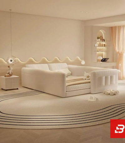 Enclosed safety kids platform bed in cream velvet fabric with padded guardrails by Bahoo Furniture UAE